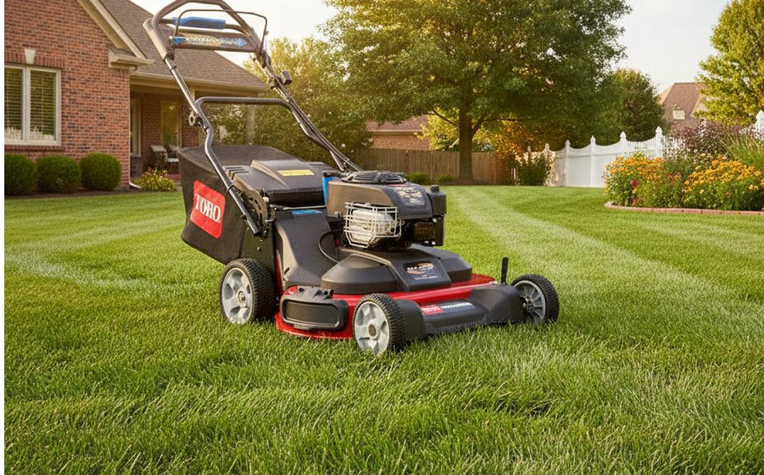 Lawn mower on freshly cut grass