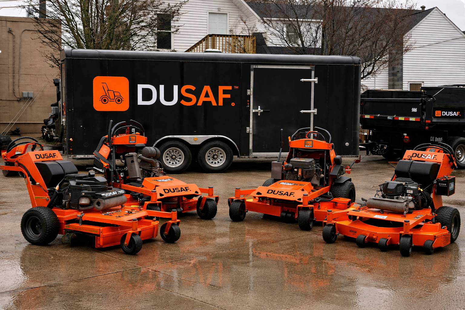 Four orange lawnmowers near trailer.